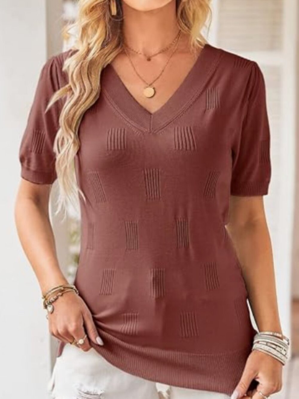 Women's V-neck Short Sleeve Blouse - Picture 2 of 5